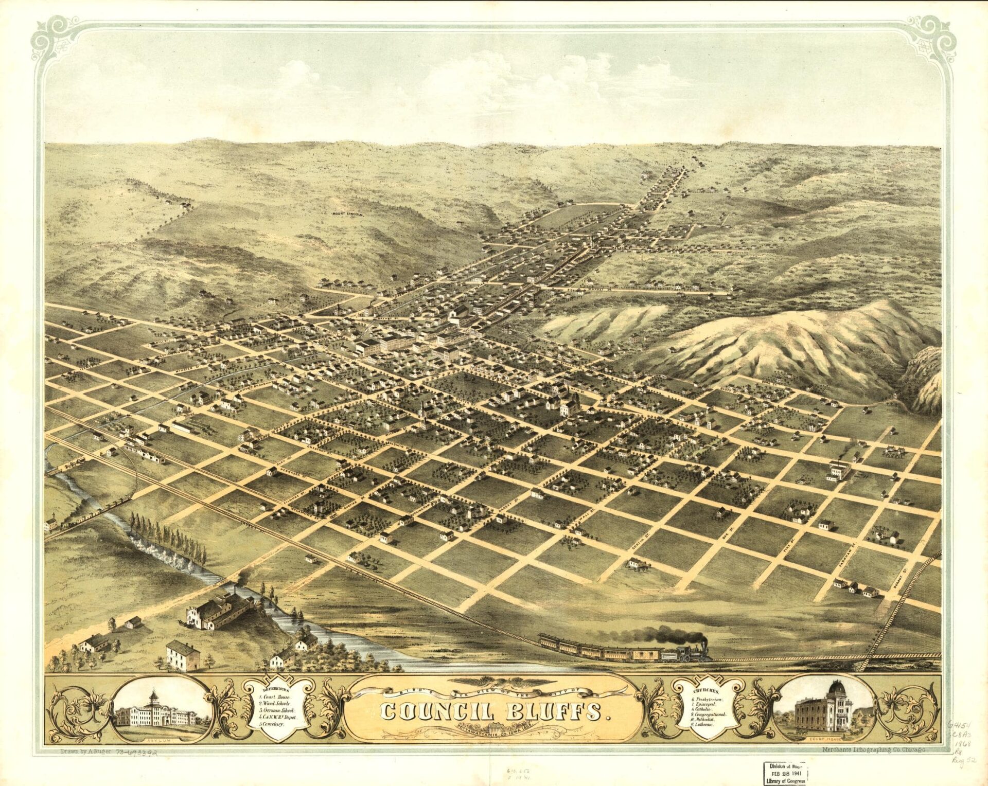 A historic illustration of Council Bluffs, IA from a birds-eye view